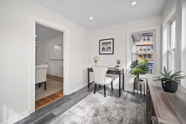 office area featuring recessed lighting, baseboards, and wood finished floors