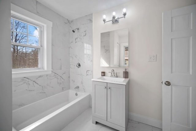 bathroom with vanity, bathing tub / shower combination, baseboards, and marble finish floor