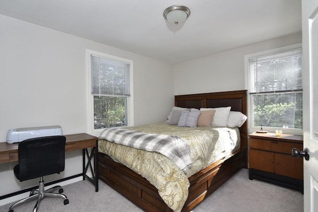 bedroom with light carpet