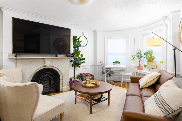 living room featuring light hardwood / wood-style floors and a textured ceiling