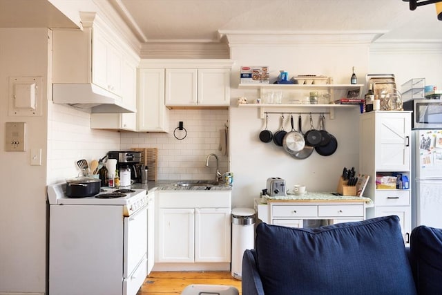 kitchen with white cabinetry, sink, white appliances, and crown molding