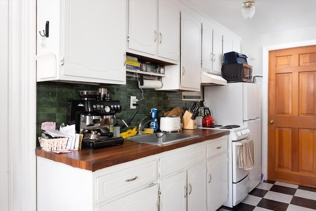 kitchen with sink, wooden counters, white cabinetry, white range with electric stovetop, and decorative backsplash