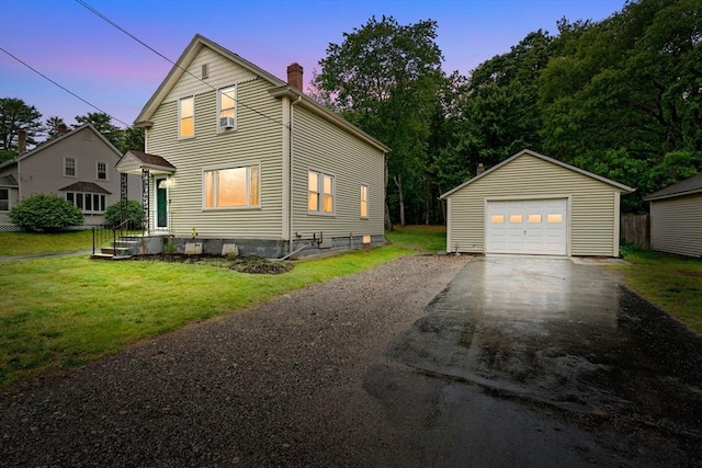 235 Union St, Northbridge, MA 01588 - view of side of home with driveway, a chimney, an outdoor structure, a detached garage, and a lawn