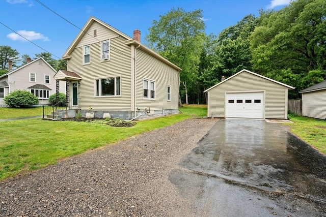 235 Union St, Northbridge, MA 01588 - view of side of property with driveway, an outbuilding, a chimney, a detached garage, and a yard