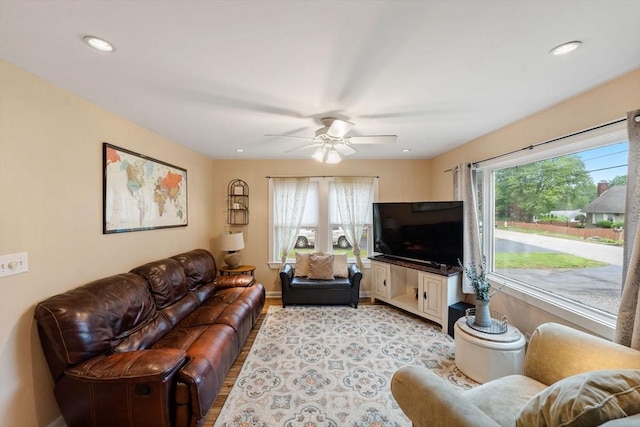 235 Union St, Northbridge, MA 01588 - living area with plenty of natural light, a ceiling fan, recessed lighting, and light wood-type flooring