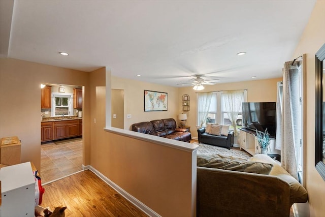 235 Union St, Northbridge, MA 01588 - living room with a ceiling fan, recessed lighting, and light wood-style floors