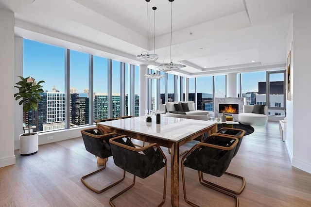 dining room featuring light wood-type flooring, a tray ceiling, and a premium fireplace