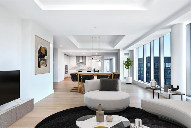 living room with light hardwood / wood-style flooring and a raised ceiling