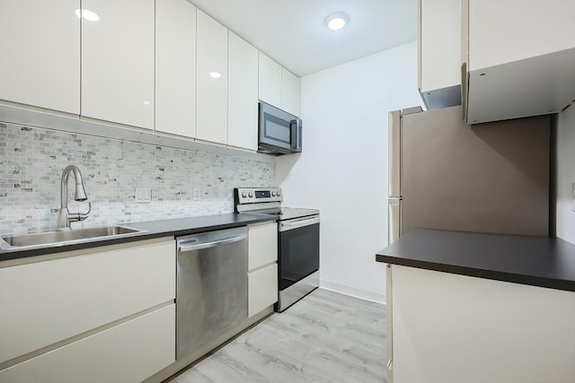 kitchen with appliances with stainless steel finishes, light wood-type flooring, backsplash, sink, and white cabinetry