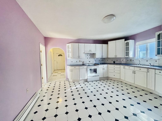 kitchen with tasteful backsplash, a baseboard radiator, white cabinetry, sink, and white electric range oven