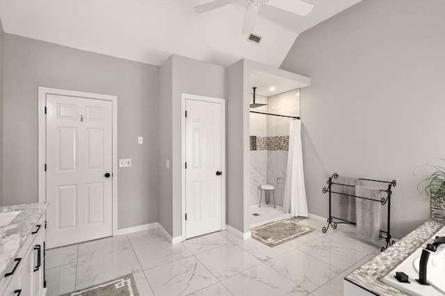 63 High St, Shrewsbury, MA 01545 - bathroom with vanity, baseboards, marble finish floor, and a stall shower