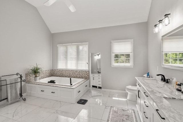 63 High St, Shrewsbury, MA 01545 - bathroom with marble finish floor, baseboards, lofted ceiling, and vanity