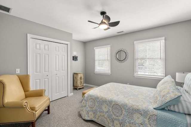 63 High St, Shrewsbury, MA 01545 - bedroom featuring a closet, carpet floors, visible vents, and ceiling fan