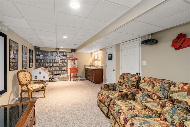 63 High St, Shrewsbury, MA 01545 - living room featuring baseboards, carpet flooring, recessed lighting, and a drop ceiling