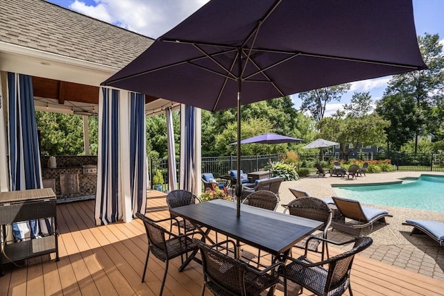 63 High St, Shrewsbury, MA 01545 - wooden terrace featuring a fenced in pool, outdoor dining area, and fence