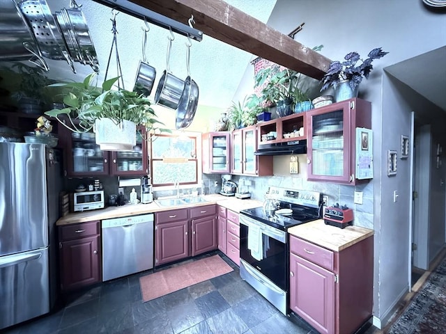 26 Horseshoe Cir, Ware, MA 01082 - kitchen featuring stainless steel appliances, a sink, light countertops, backsplash, and glass insert cabinets