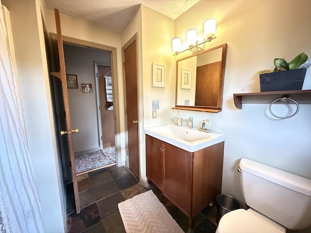 26 Horseshoe Cir, Ware, MA 01082 - bathroom featuring vanity, toilet, a textured ceiling, and stone finish floors
