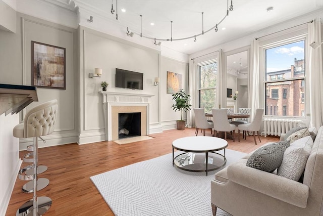 living area featuring light wood-style floors, a fireplace with flush hearth, radiator, and crown molding