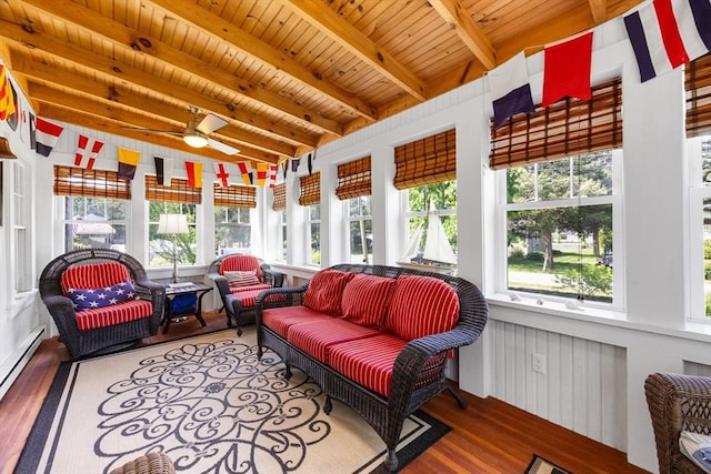 34 Kenwood Rd, Bourne, MA 02559 - sunroom / solarium featuring an outdoor hangout area, a wood ceiling with exposed beams, wood finished floors, healthy amount of natural light, and ceiling fan