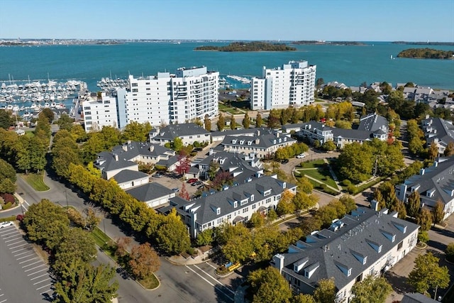 drone / aerial view featuring a water view