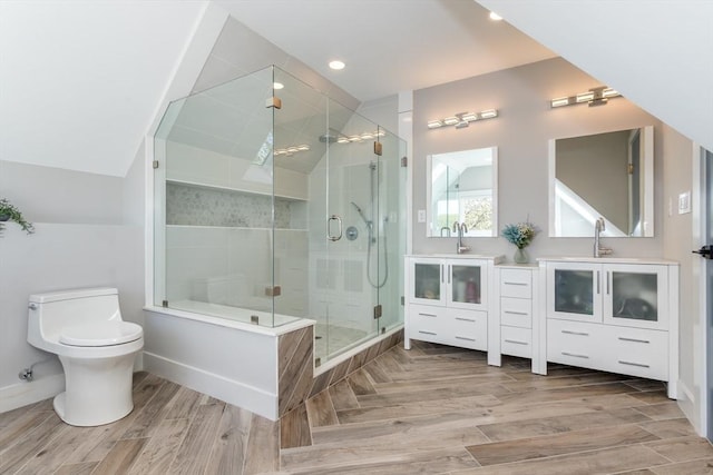 61 Paul Revere Rd Unit 2, Arlington, MA 02476 - bathroom with vaulted ceiling, toilet, a shower stall, vanity, and wood finished floors