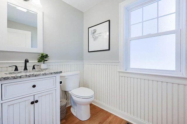 bathroom with vanity, wood-type flooring, and toilet