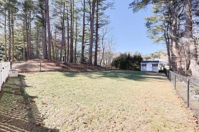 view of yard featuring a storage shed