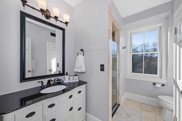 bathroom featuring baseboards, toilet, vanity, and a shower stall