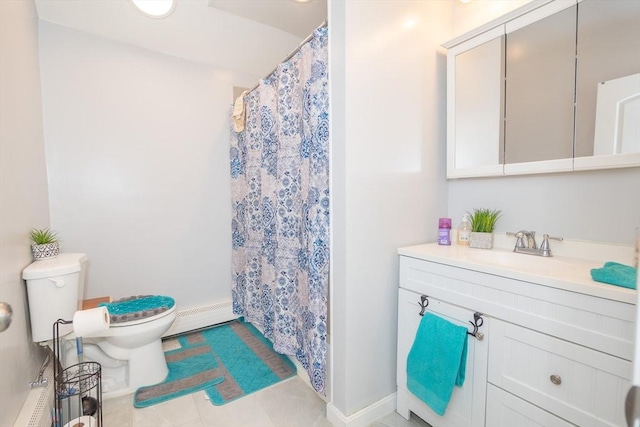 full bathroom with a baseboard radiator, vanity, toilet, and baseboards