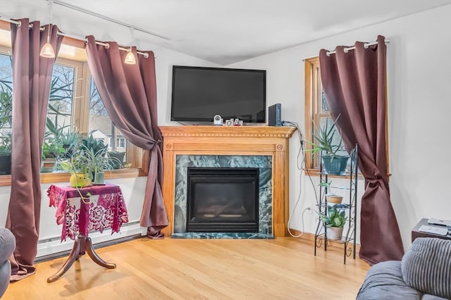 living area featuring wood-type flooring, baseboard heating, and a premium fireplace