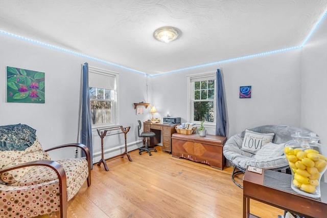 sitting room featuring wood-type flooring, baseboard heating, and plenty of natural light