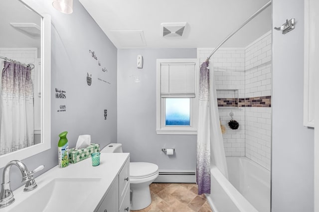 full bathroom featuring vanity, a baseboard radiator, shower / tub combo, and toilet