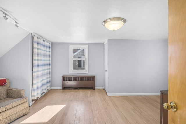 additional living space featuring radiator heating unit and light wood-type flooring