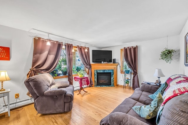 living room with a high end fireplace and hardwood / wood-style flooring