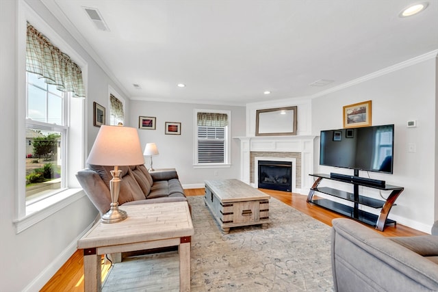 1400 Gorham Unit 3, Lowell, MA 01852 - living room with wood finished floors, a glass covered fireplace, ornamental molding, and recessed lighting