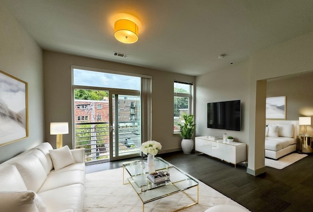 living room with dark wood-type flooring and a wealth of natural light