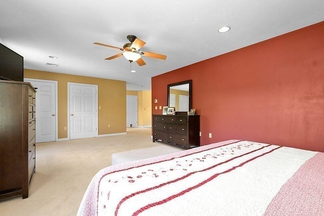 bedroom featuring carpet flooring, baseboards, recessed lighting, and a ceiling fan