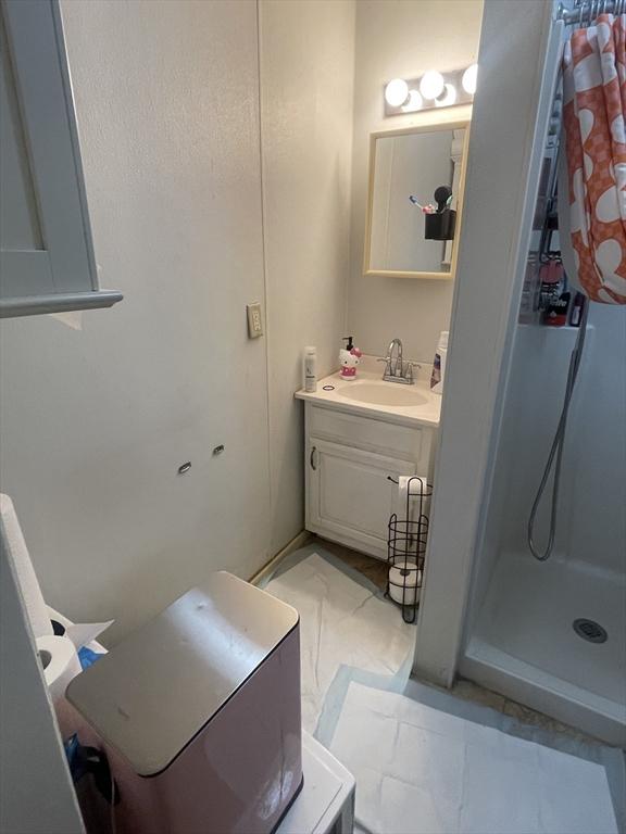 bathroom featuring walk in shower and vanity