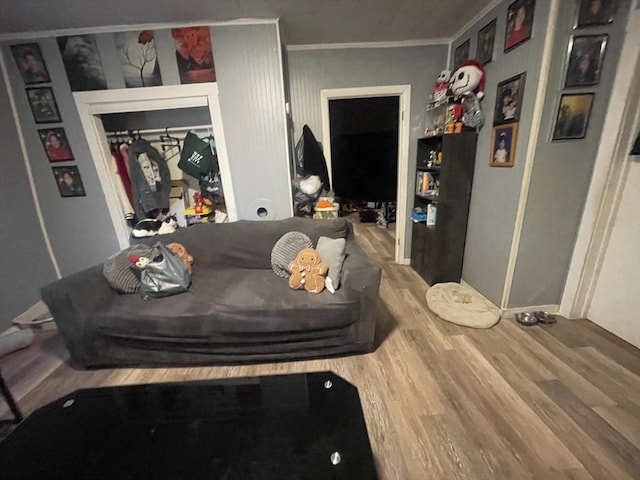 living room with wood-type flooring and ornamental molding