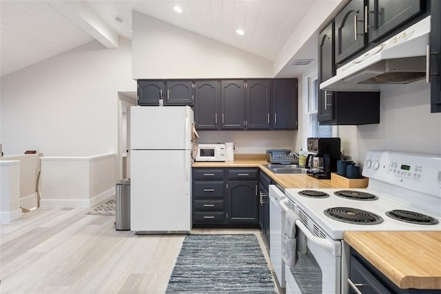69 Naugus Ave, Marblehead, MA 01945 - kitchen featuring white appliances, under cabinet range hood, lofted ceiling, a sink, and recessed lighting