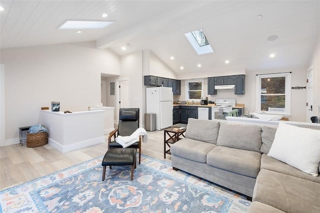 69 Naugus Ave, Marblehead, MA 01945 - living room featuring a skylight, light wood-style floors, lofted ceiling, recessed lighting, and baseboards