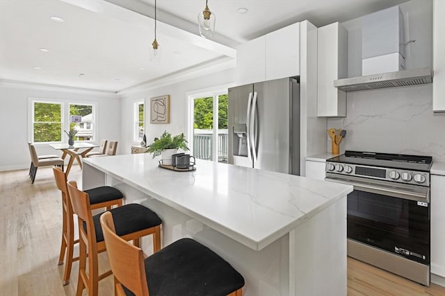 96 Dutton St, Malden, MA 02148 - kitchen with stainless steel appliances, wall chimney exhaust hood, healthy amount of natural light, tasteful backsplash, and recessed lighting