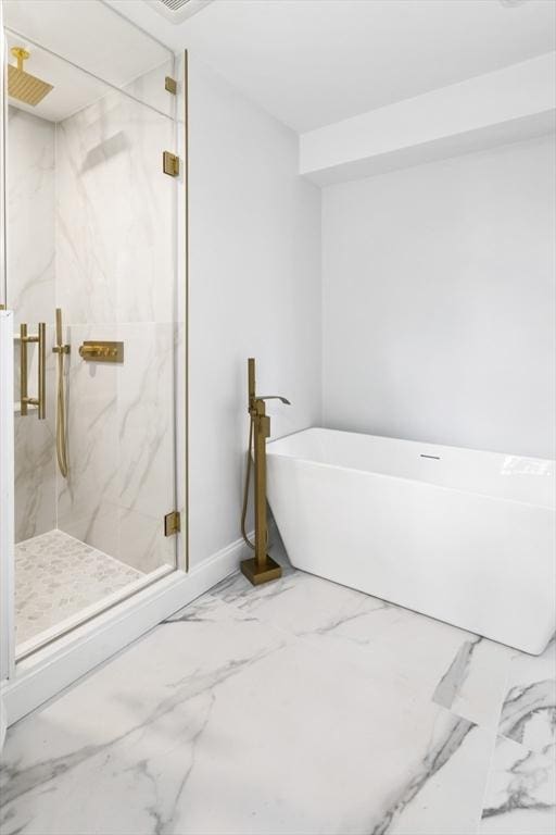 96 Dutton St, Malden, MA 02148 - bathroom with marble finish flooring, a marble finish shower, and a freestanding bath