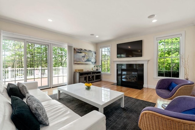 living room with plenty of natural light, light wood finished floors, crown molding, a fireplace with flush hearth, and recessed lighting