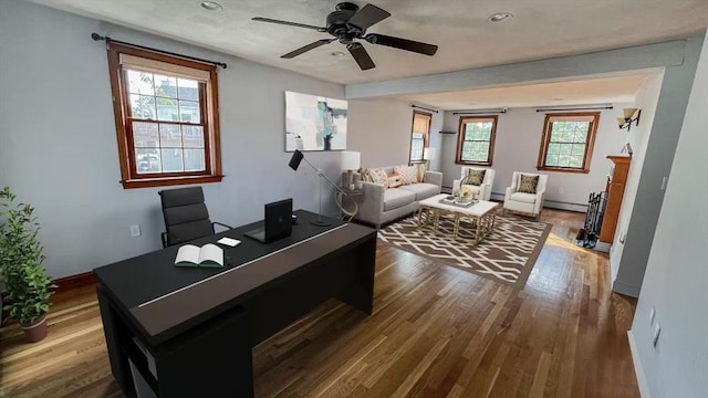 628 Malden St, Revere, MA 02151 - home office featuring baseboard heating, a ceiling fan, wood finished floors, a baseboard radiator, and recessed lighting