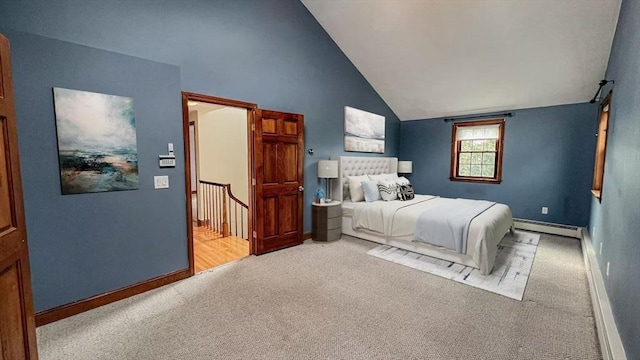 628 Malden St, Revere, MA 02151 - carpeted bedroom with a baseboard heating unit, baseboards, and high vaulted ceiling