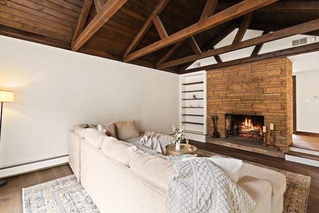 126 Prospect Hill St, Taunton, MA 02780 - living room featuring wooden ceiling with exposed beams, a stone fireplace, wood finished floors, high vaulted ceiling, and a baseboard radiator
