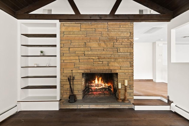 126 Prospect Hill St, Taunton, MA 02780 - detailed view of a baseboard radiator, a stone fireplace, wood finished floors, wooden ceiling with exposed beams, and built in features