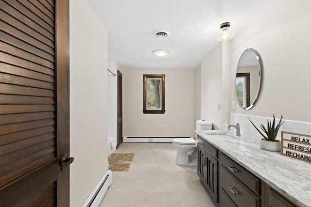 126 Prospect Hill St, Taunton, MA 02780 - full bath with toilet, vanity, a baseboard radiator, a shower, and a textured ceiling
