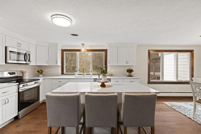126 Prospect Hill St, Taunton, MA 02780 - kitchen featuring appliances with stainless steel finishes, a sink, a kitchen breakfast bar, baseboard heating, and white cabinets